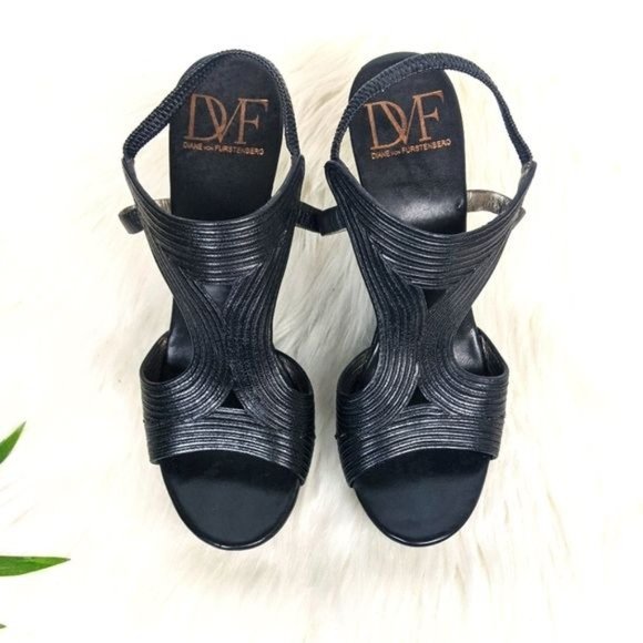 Diane Von Furstenberg DVF Wooden Platform Wedge Sandals 6.5 Black Sculpted - Picture 5 of 8